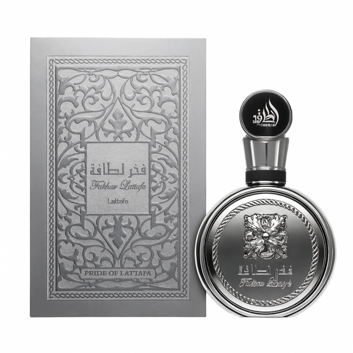 Lattafa Fakhar Platinum EDP 100ml perfume bottle and box – elegant long lasting masculine fragrance