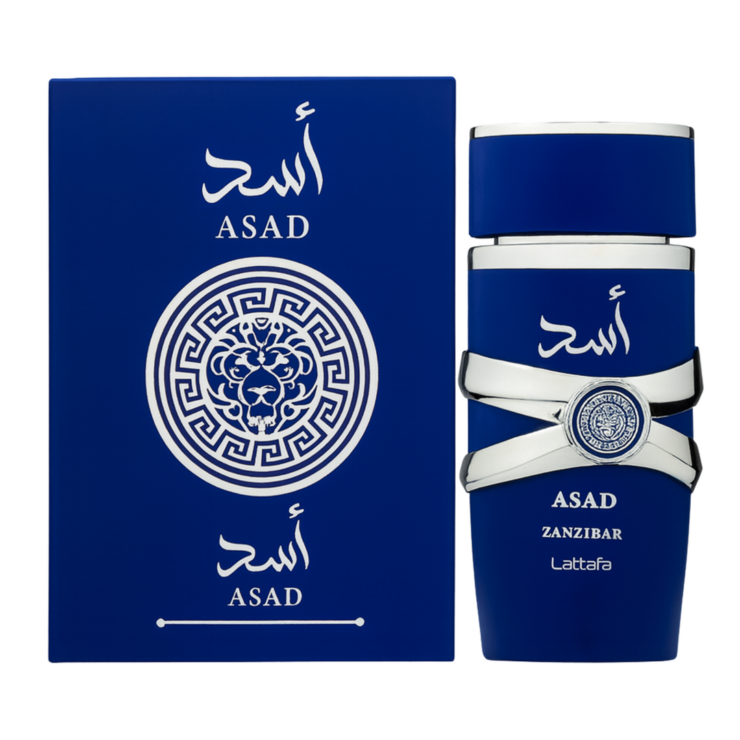 Lattafa Asad Zanzibar EDP 100ml men perfume bottle and box – warm spicy oriental masculine fragrance