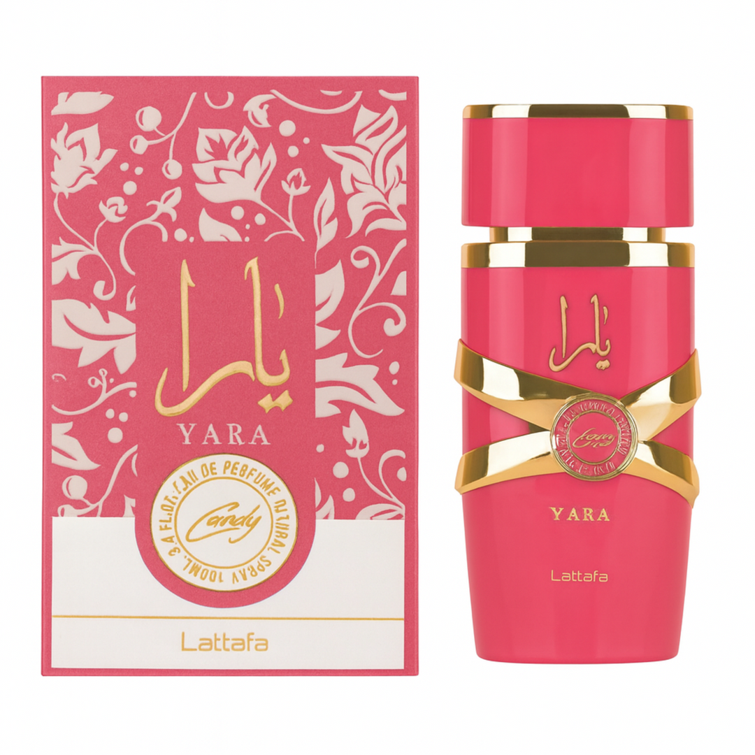 Lattafa Yara Candy EDP 100ml perfume bottle and box – sweet fruity floral fragrance with top notes candy floss pear peach, heart of jasmine rose violet, base of vanilla musk sandalwood