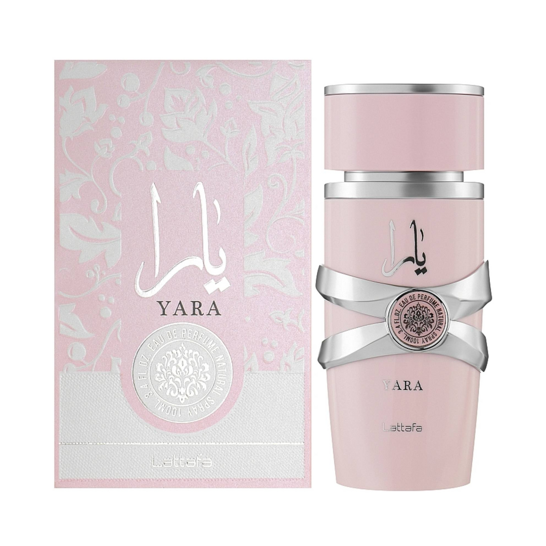 Lattafa Yara EDP 100ml perfume bottle and box – sweet fruity floral fragrance with top notes tangerine heliotrope orchid, heart of tropical fruits gourmand notes, base of vanilla musk sandalwood