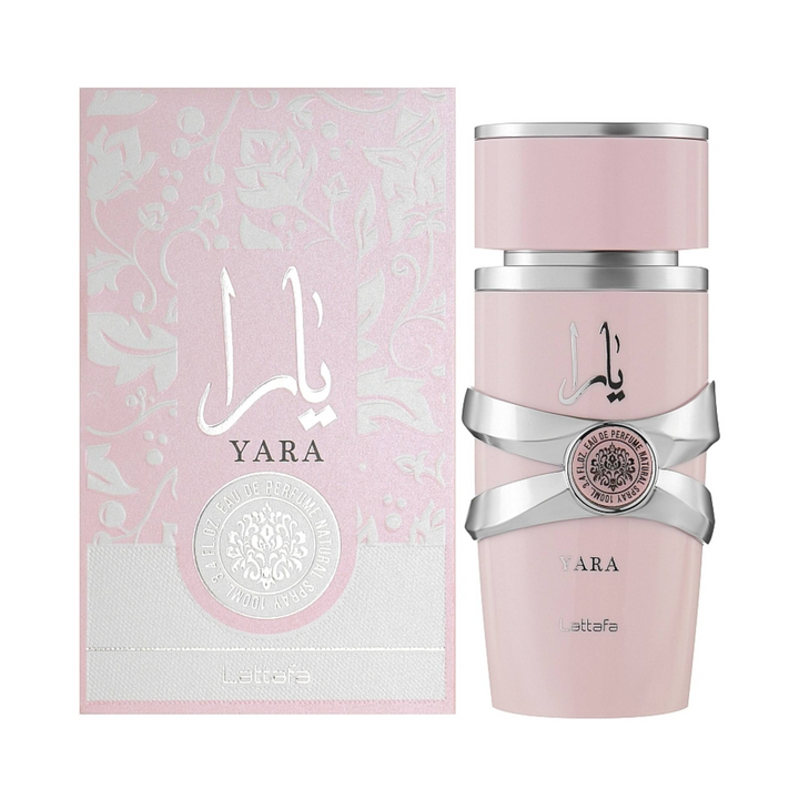 Lattafa Yara EDP 100ml perfume bottle and box – sweet fruity floral fragrance with top notes tangerine heliotrope orchid, heart of tropical fruits gourmand notes, base of vanilla musk sandalwood