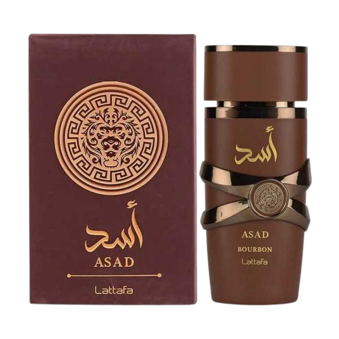 Lattafa Asad Bourbon EDP 100ml perfume bottle and box – rich warm spicy gourmand fragrance with top notes bourbon vanilla black pepper cinnamon, heart of caramel tonka bean amber, base of sandalwood cedarwood musk
