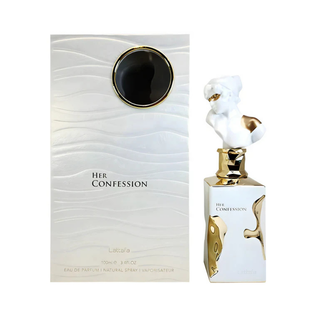 Lattafa Her Confession EDP 100ml perfume bottle and box – elegant floral fruity fragrance with top notes peach pink pepper bergamot, heart of jasmine peony rose, base of vanilla musk sandalwood amber
