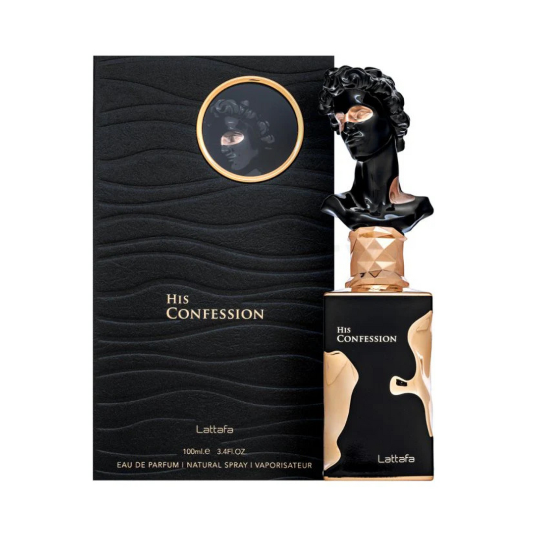 Lattafa His Confession EDP 100ml perfume bottle and box – modern elegant woody aromatic fragrance with top notes bergamot pink pepper, heart of lavender sage cardamom, base of tonka bean cedarwood amber vetiver