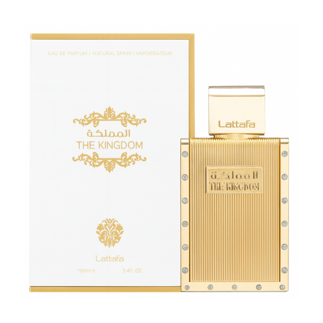Lattafa The Kingdom Men EDP 100ml perfume bottle and box – bold oriental woody masculine fragrance with top notes bergamot black pepper lemon, heart of lavender cardamom cedarwood, base of amber patchouli sandalwood musk