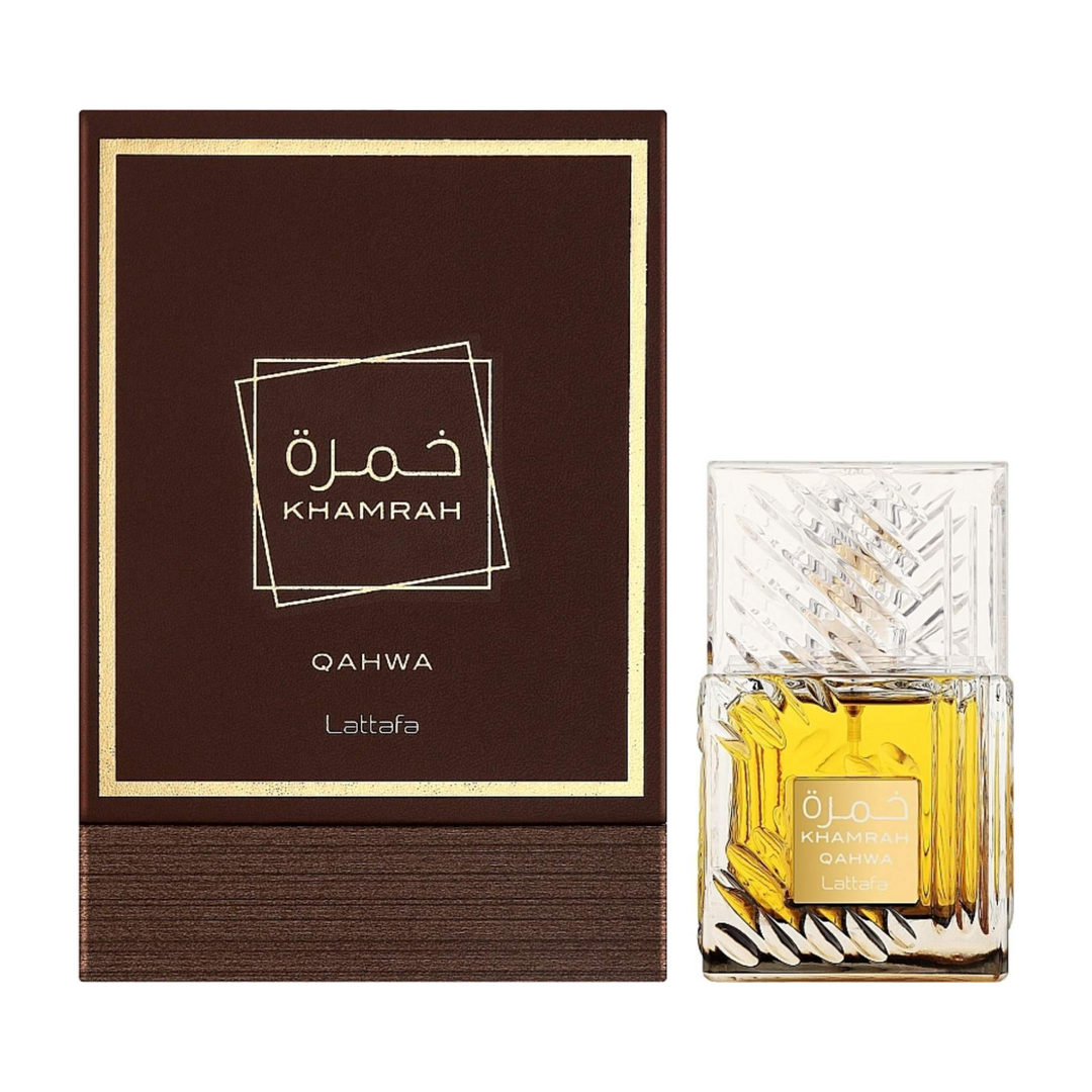 Lattafa Khamrah Qahwa EDP 100ml perfume bottle and box – rich coffee gourmand unisex fragrance