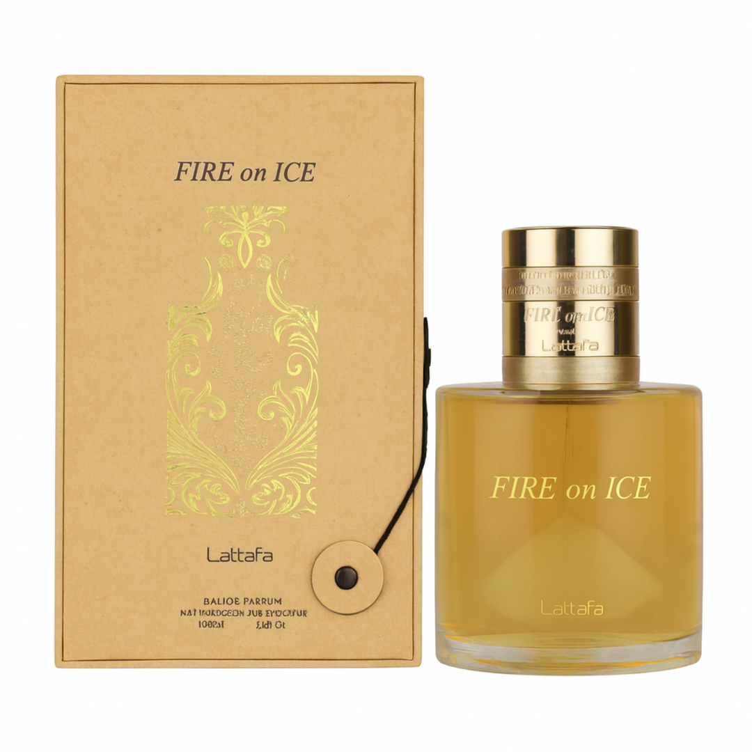 Lattafa Fire On Ice EDP 100ml perfume bottle and box – vibrant spicy fresh unisex fragrance