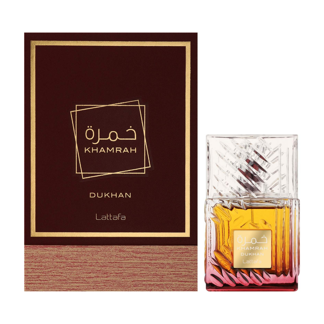 Lattafa Khamrah Dukhan EDP 100ml perfume bottle and box – rich warm spicy gourmand fragrance with top notes cinnamon nutmeg bergamot, heart of praline dates tuberose, base of vanilla tonka bean benzoin amberwood myrrh