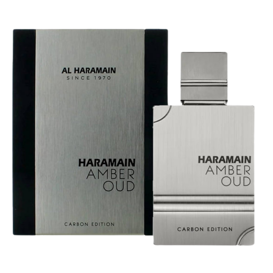 Al Haramain Amber Oud Carbon Edition EDP 100ml perfume bottle and box – elegant woody aromatic fragrance with top notes bergamot lemon lavender, heart of violet cardamom sage, base of cedarwood amber musk oud