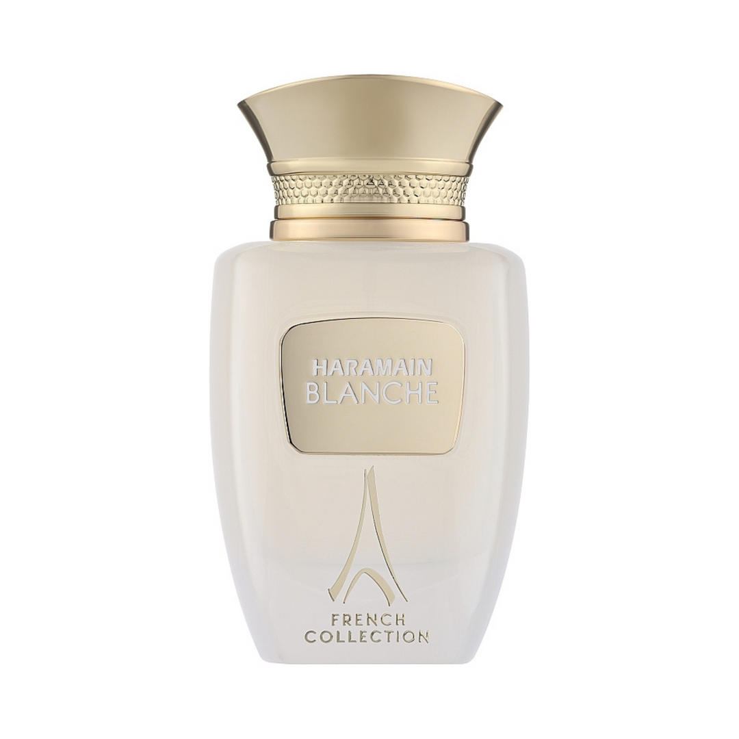 Straight front view of Al Haramain Blanch French Collection EDP 100ml perfume bottle – sophisticated long lasting floral woody scent with bergamot lemon pink pepper, jasmine rose lily of the valley, musk cedarwood sandalwood amber