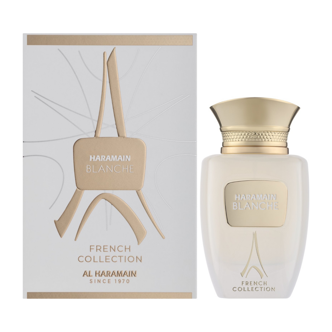 Al Haramain Blanch French Collection EDP 100ml perfume bottle and box – elegant floral woody fragrance with top notes bergamot lemon pink pepper, heart of jasmine rose lily of the valley, base of musk cedarwood sandalwood amber