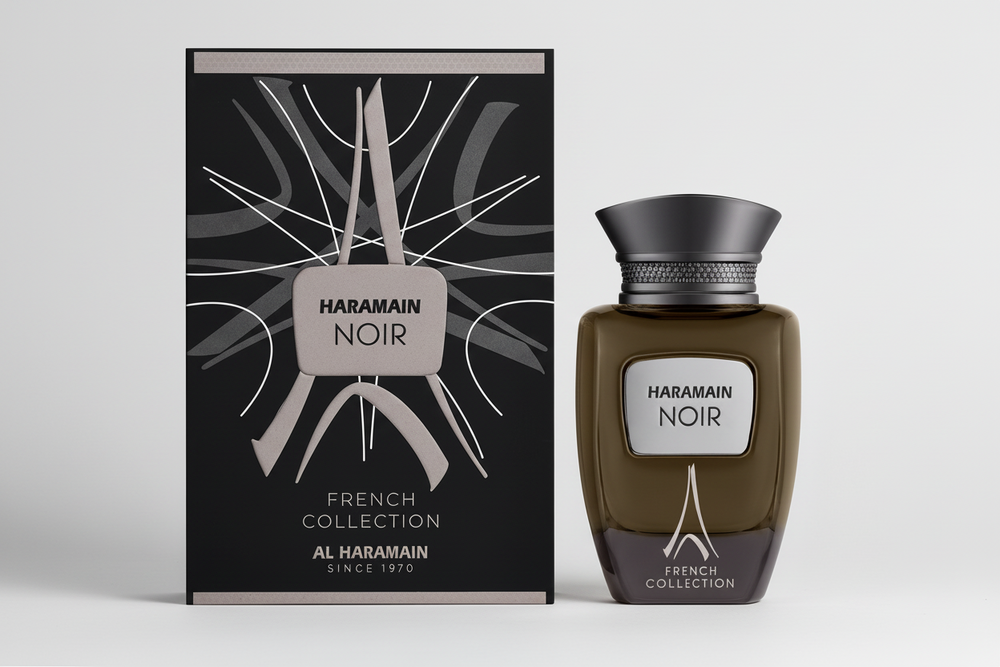 Al Haramain Noir French Collection EDP 100ml perfume bottle and box – elegant oriental woody fragrance with top notes bergamot lemon pink pepper, heart of lavender geranium cedarwood, base of amber musk sandalwood patchouli