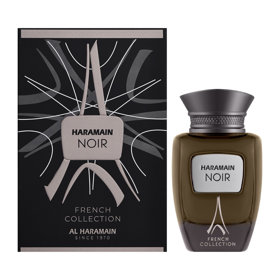 Al Haramain Noir French Collection EDP 100ml perfume bottle and box – elegant oriental woody fragrance with top notes bergamot lemon pink pepper, heart of lavender geranium cedarwood, base of amber musk sandalwood patchouli