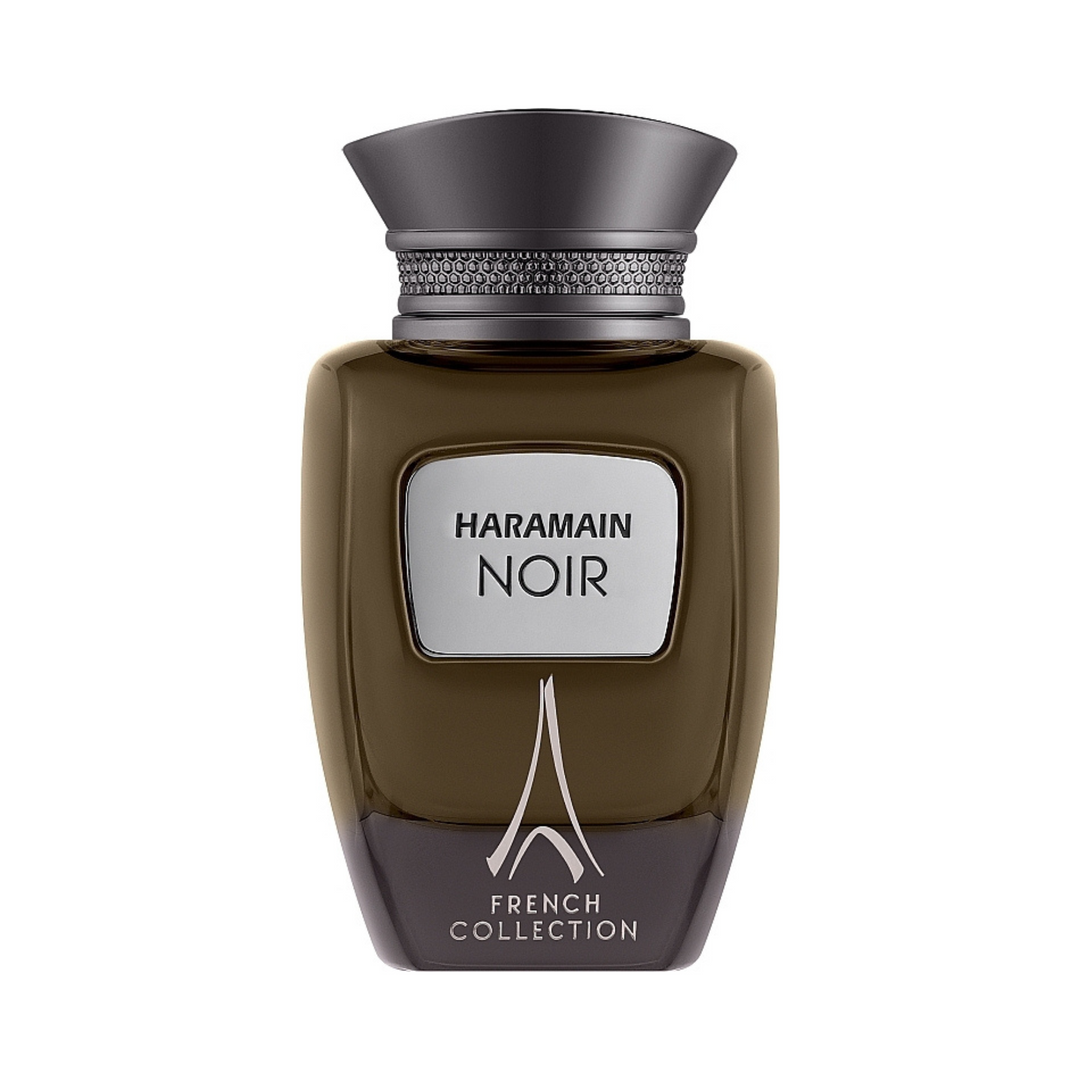 Al Haramain Noir French Collection EDP 100ml perfume bottle straight front view – sophisticated long lasting oriental woody scent with bergamot lemon pink pepper, lavender geranium cedarwood, amber musk sandalwood patchouli