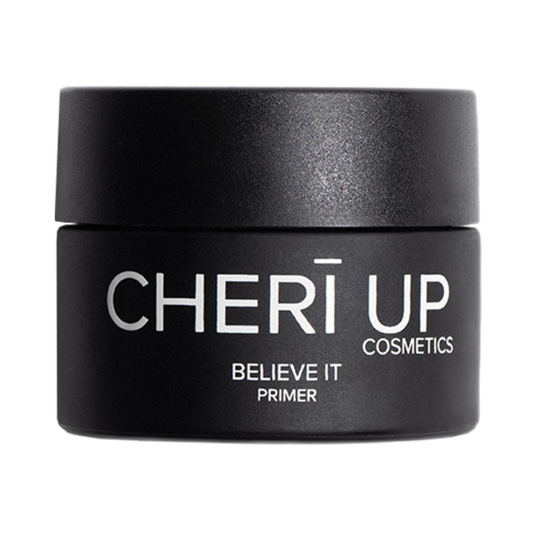 Straight front view of Cheri Up Believe It Primer round jar – smoothing hydrating makeup base for long lasting foundation