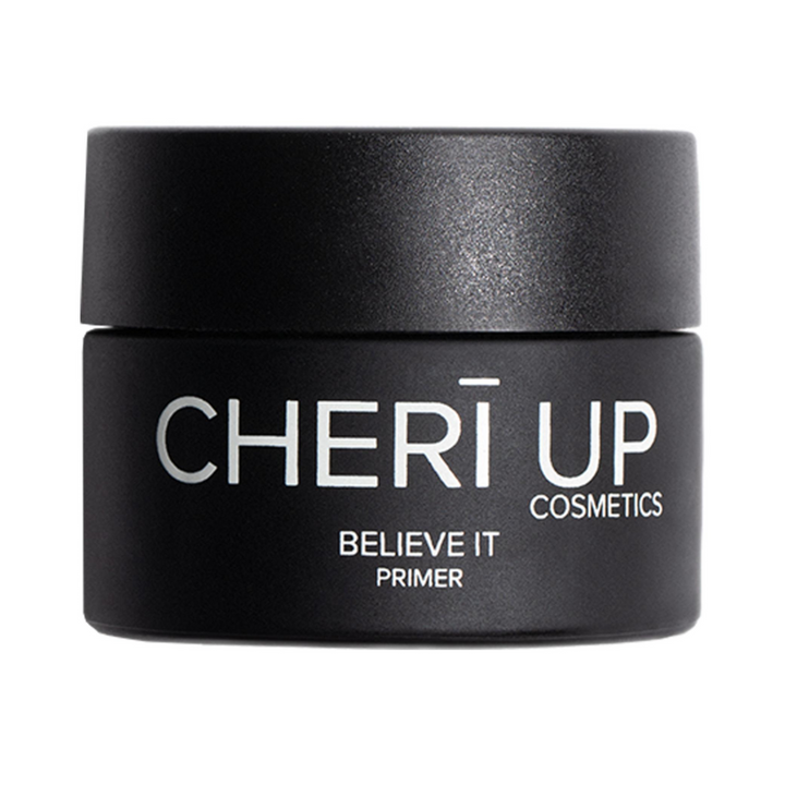 Straight front view of Cheri Up Believe It Primer round jar – smoothing hydrating makeup base for long lasting foundation