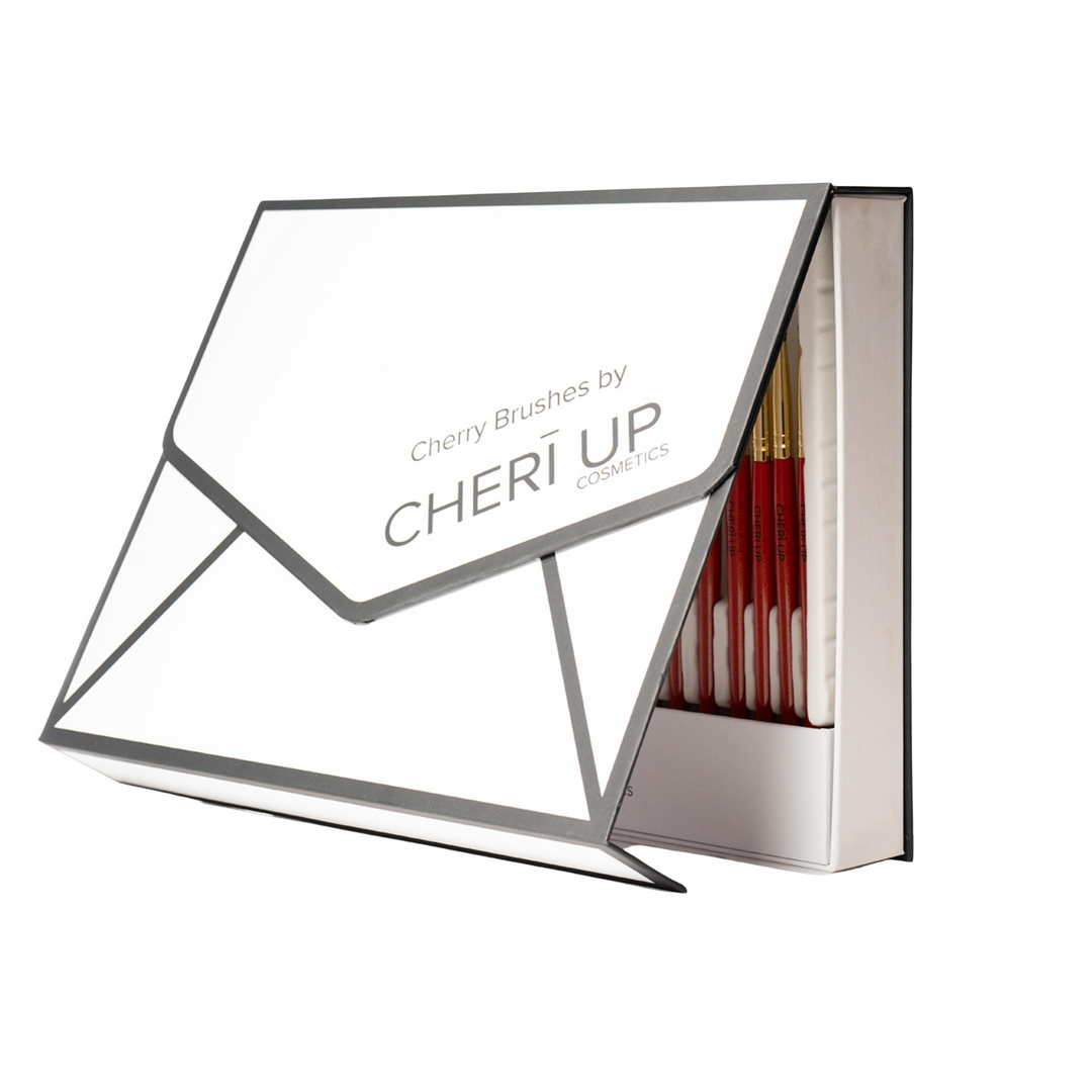 Cheri Up Cherry Brushes box slightly open – stylish complete makeup brush set for flawless application