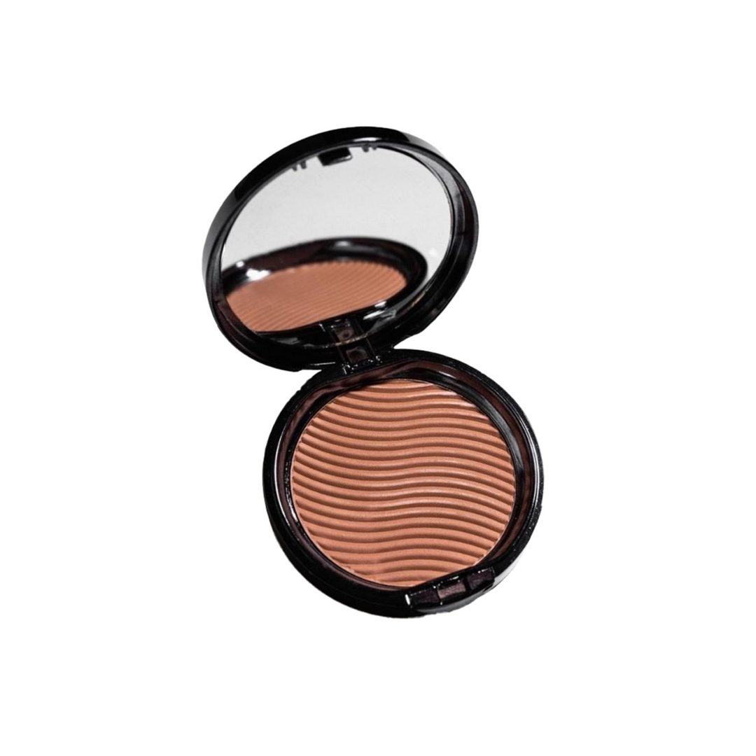 Cheri Up Sapphire Terracotta round compact angled open view with mirror – radiant baked powder for natural sun kissed glow