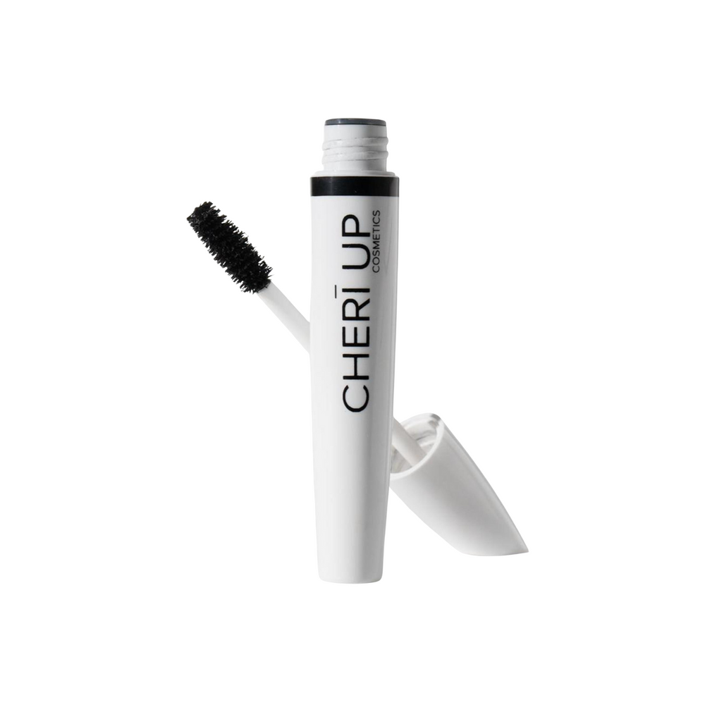 Cheri Up Inspiration Mascara tube straight front view with mascara wand and brush behind – intense black mascara for full long defined eyelashes