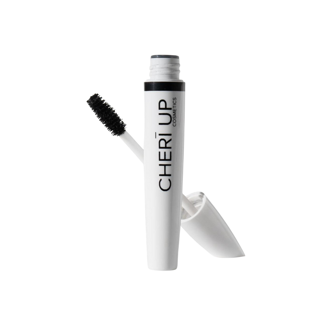 Cheri Up Inspiration Mascara tube straight front view with mascara wand and brush behind – intense black mascara for full long defined eyelashes