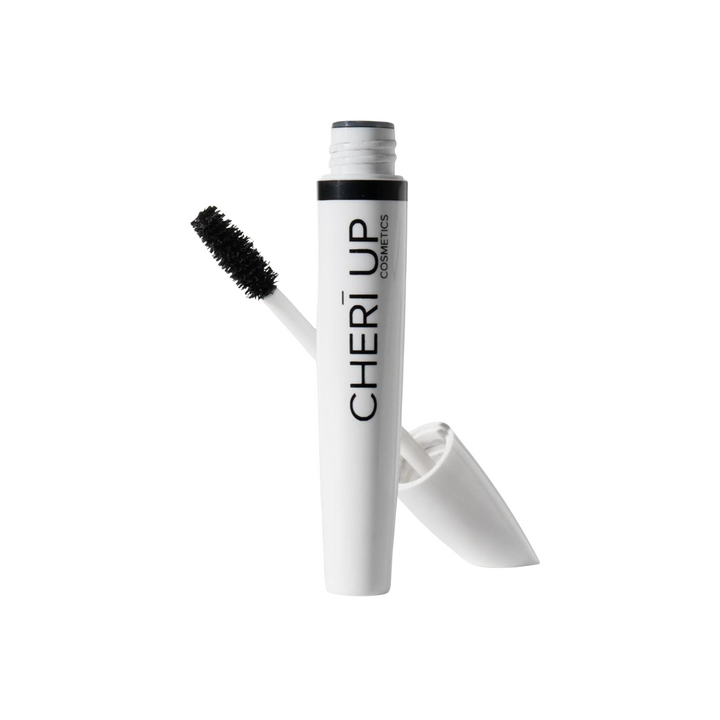 Cheri Up Inspiration Mascara tube straight front view with mascara wand and brush behind – intense black mascara for full long defined eyelashes