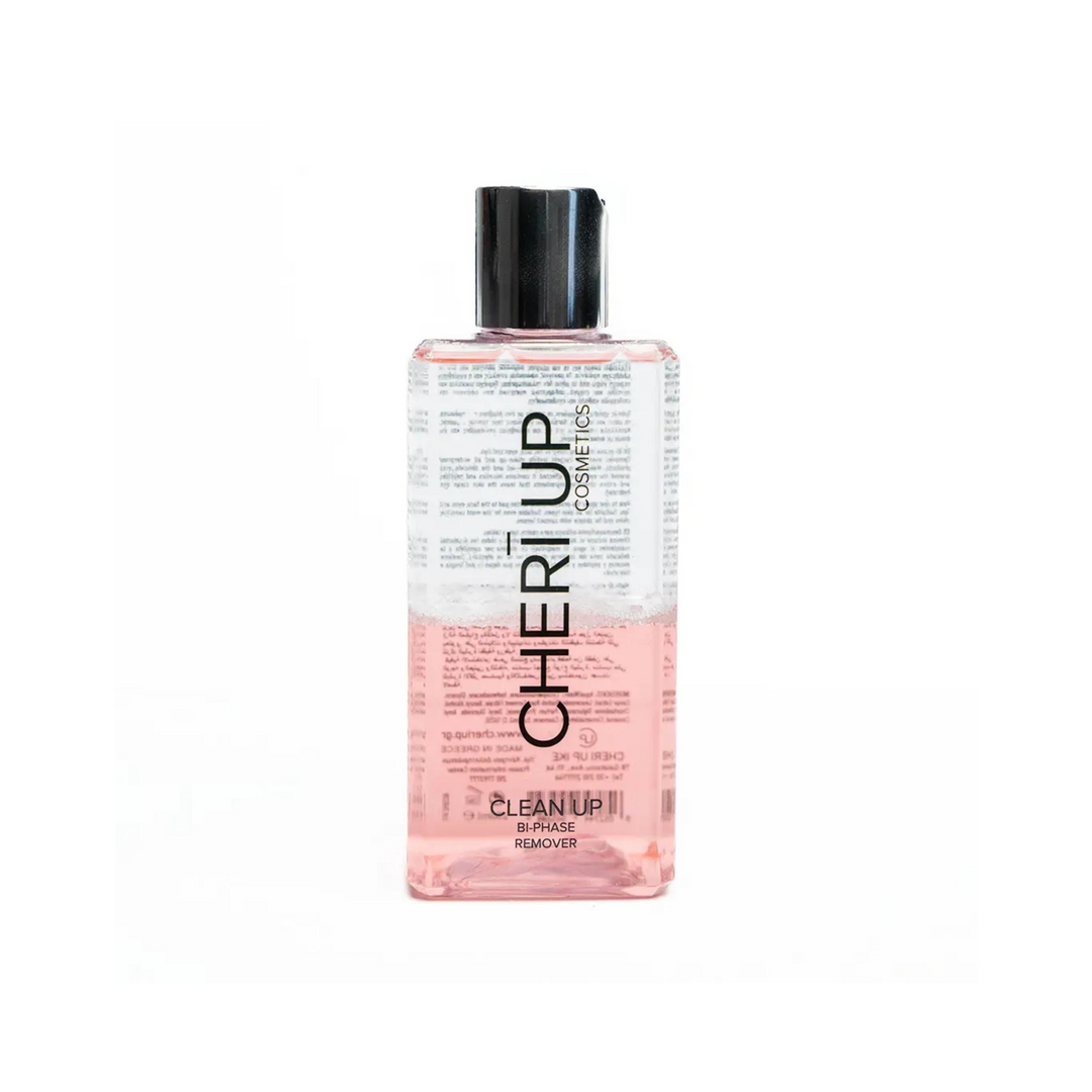 Straight front view of Cheri Up Clean Up Bi-Phase Remover bottle – gentle effective makeup remover for eyes and face