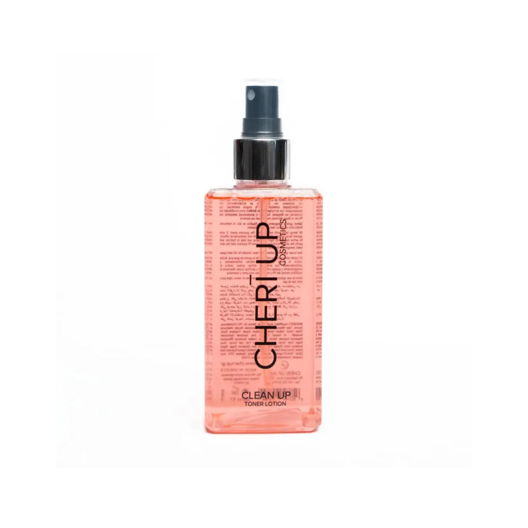 Straight front view of Cheri Up Clean Up Toning Lotion bottle – refreshing balancing facial toner for clean hydrated skin