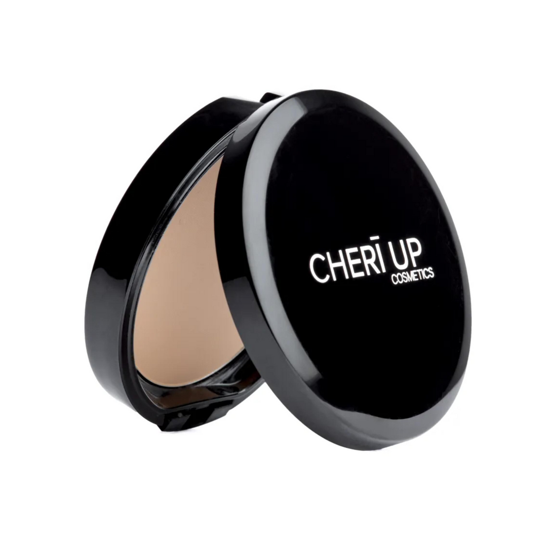 Cheri Up Compact Powder round black compact half open upside down – silky matte pressed powder for natural shine control