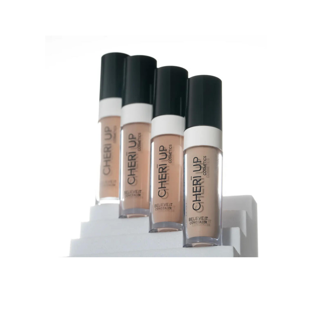 Cheri Up Believe It Concealer four bottles displayed together – lightweight full coverage concealer with natural finish