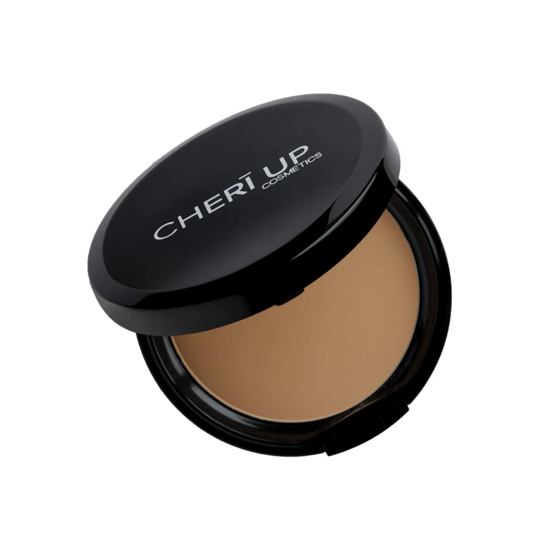 Cheri Up Compact Powder round black compact half open – smooth matte finish pressed powder for flawless skin
