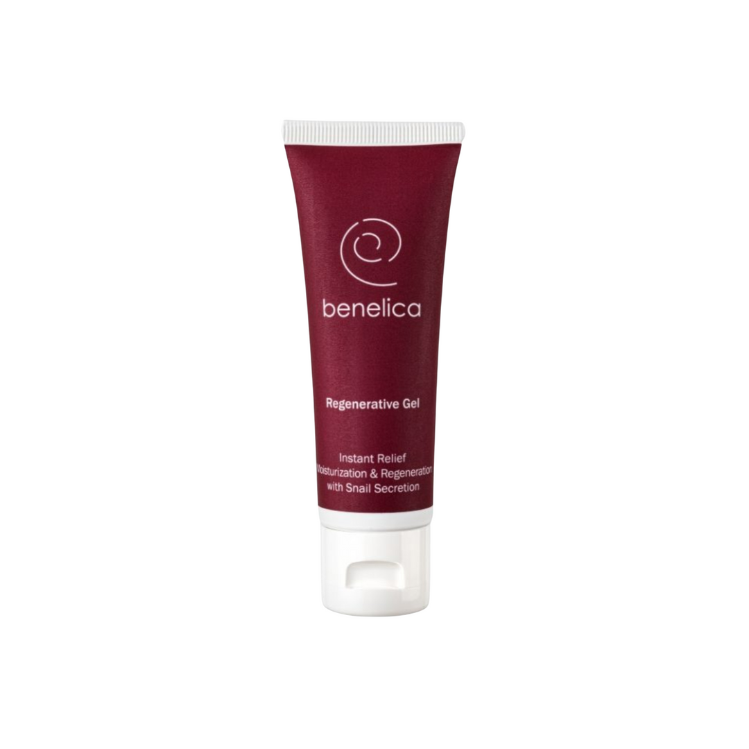 Benelica Regenerative Gel 50ml straight front view tube – soothing repairing face gel with snail secretion and hyaluronic acid for hydrated healthy skin