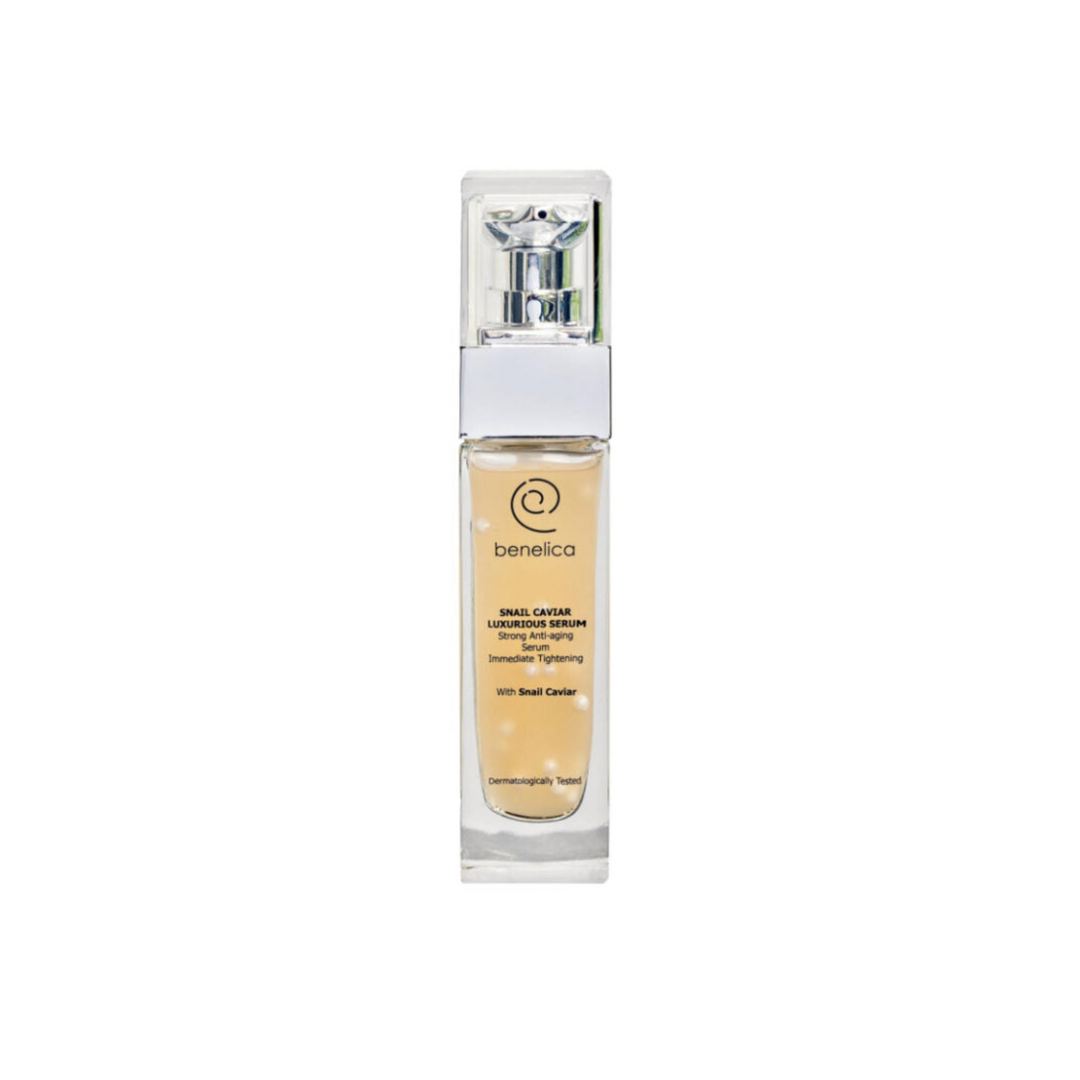 Benelica Snail Caviar Serum clear bottle straight front view – luxurious regenerating facial serum with snail secretion and caviar extract for youthful radiant skin