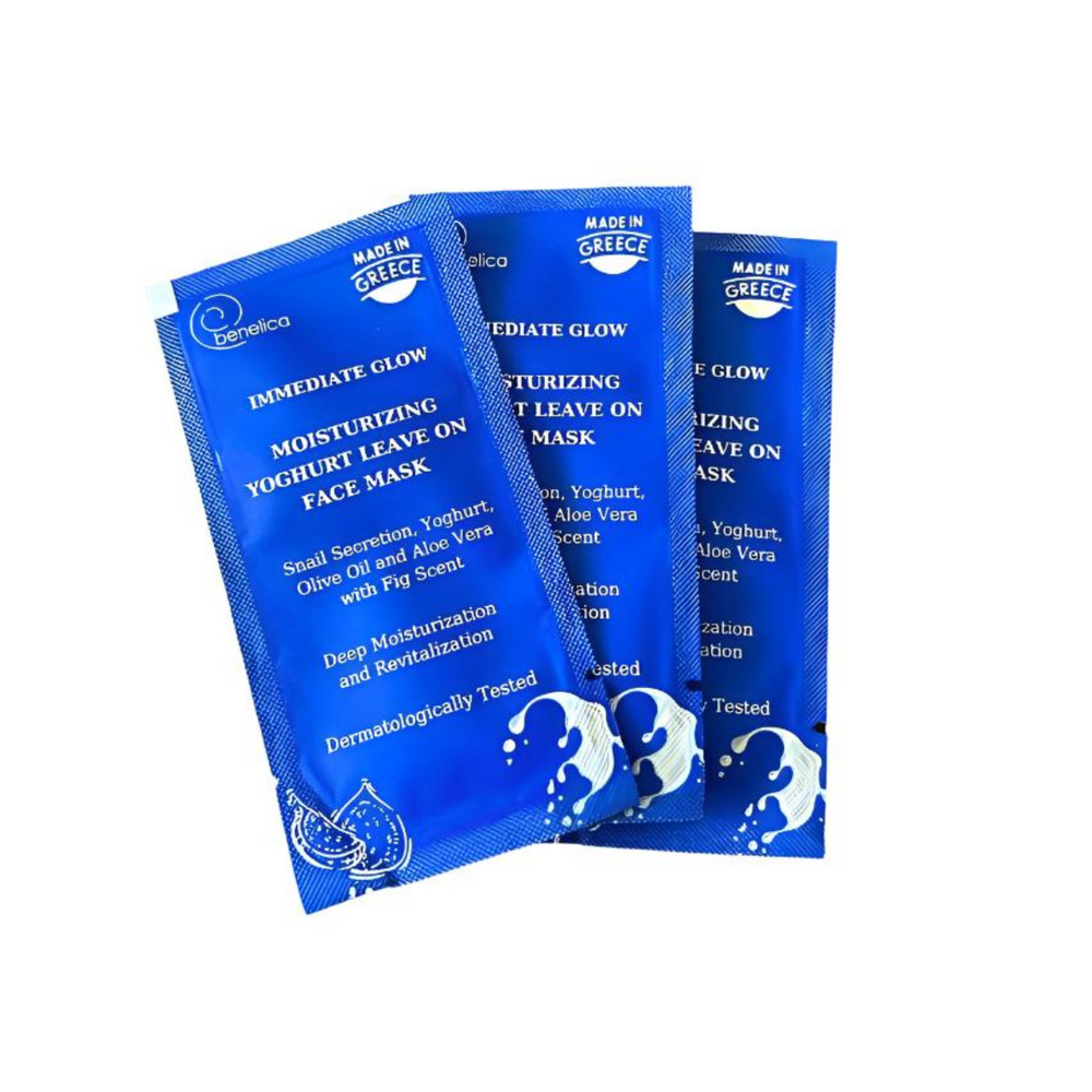 Benelica Yoghurt Face Mask three blue jars stacked – nourishing probiotic facial mask with snail secretion and yoghurt extract for radiant healthy complexion