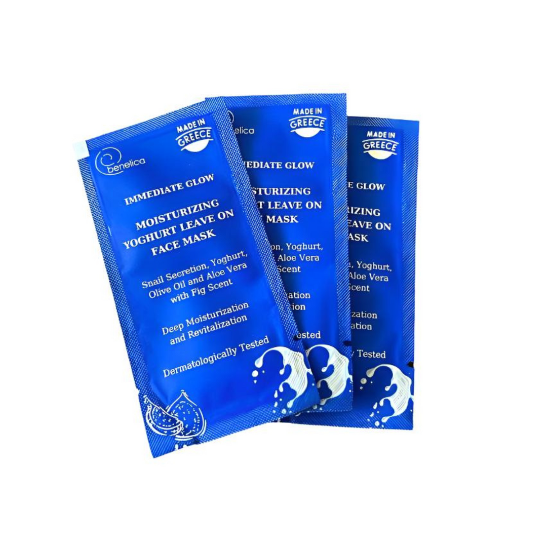 Benelica Yoghurt Face Mask three blue jars stacked – nourishing probiotic facial mask with snail secretion and yoghurt extract for radiant healthy complexion