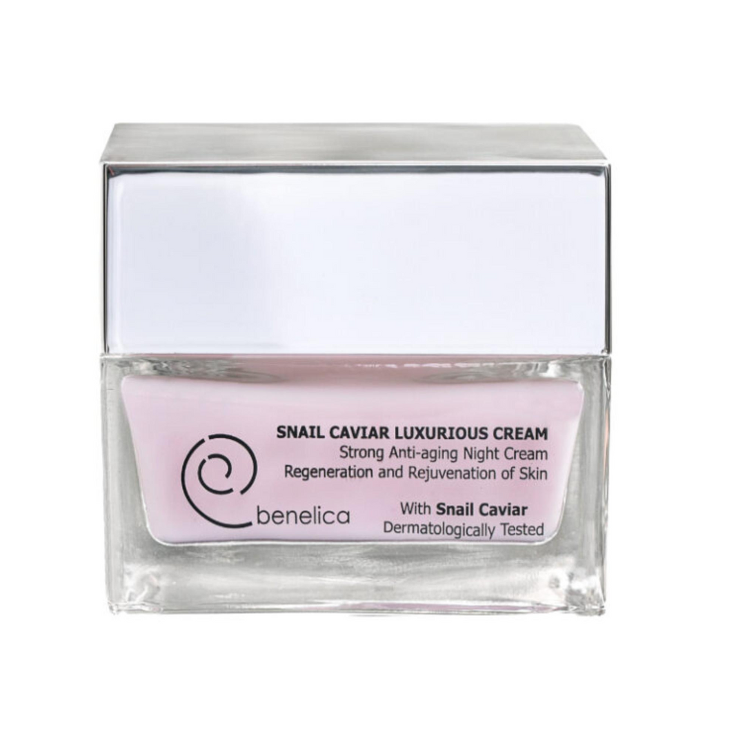 Benelica Snail Caviar Cream square jar front view – rich regenerating cream with snail secretion and caviar extract for smooth youthful complexion