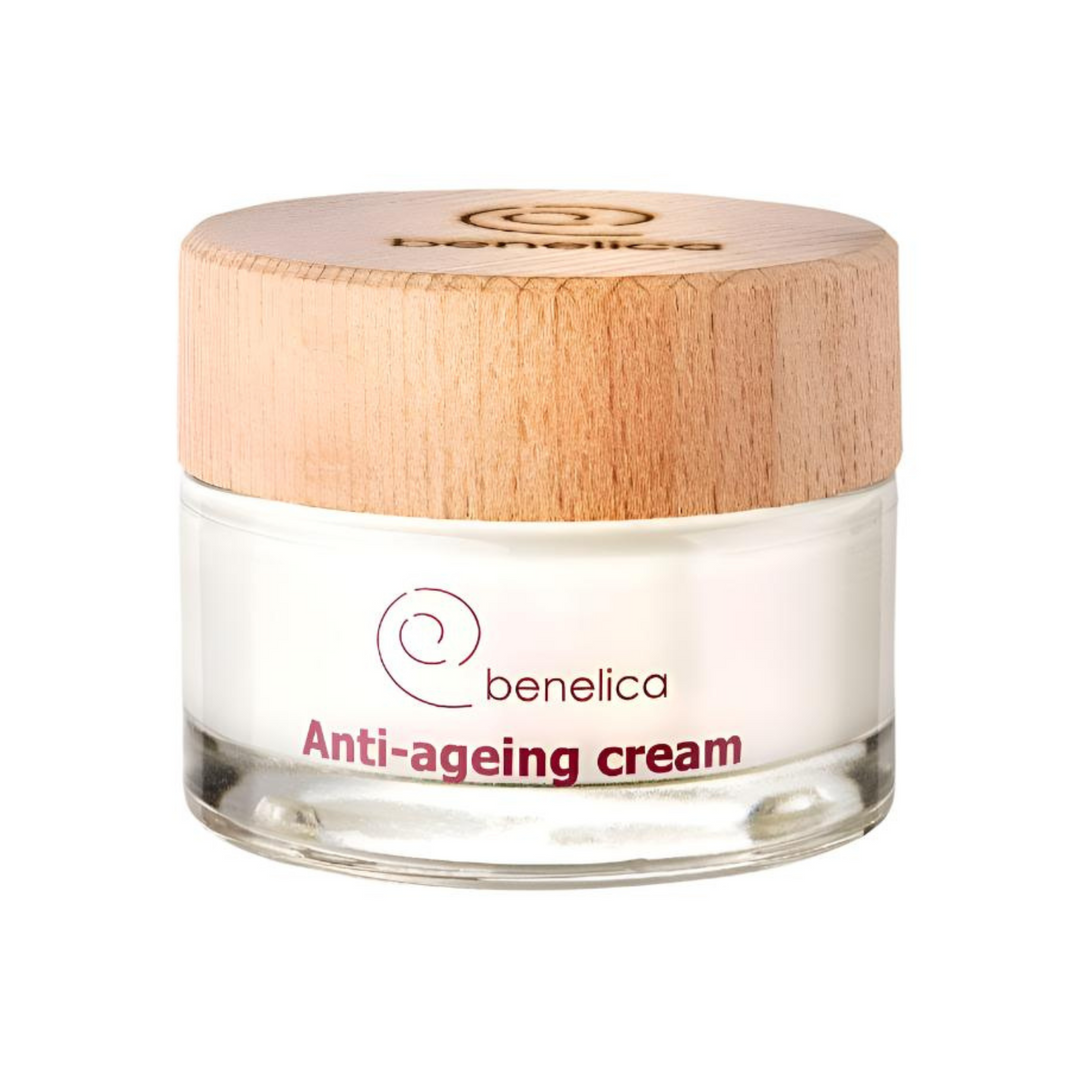 Benelica Anti-Aging Cream 50ml round jar straight front view – advanced anti aging face cream with snail secretion and peptides for smooth firm skin