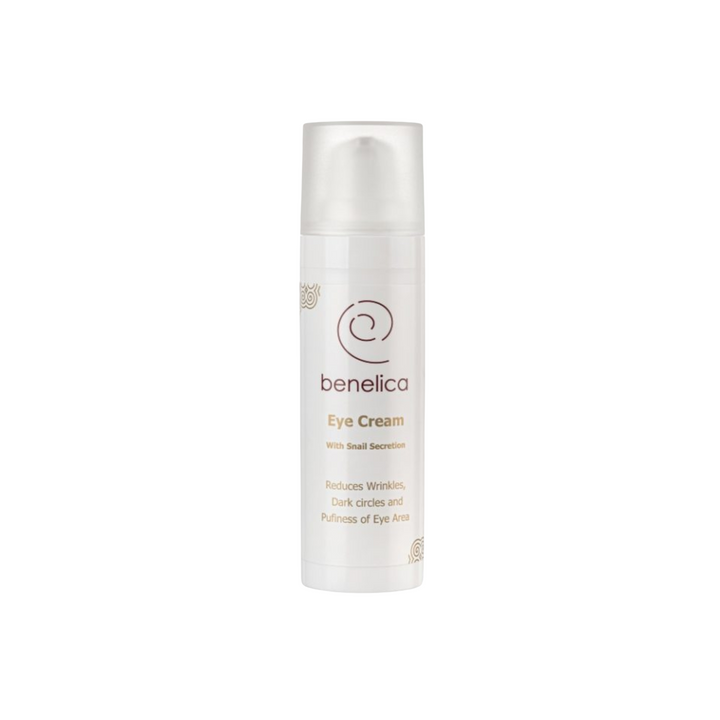 Benelica Eye Cream straight front view tube – hydrating rejuvenating eye cream with snail secretion and peptides for smooth youthful skin