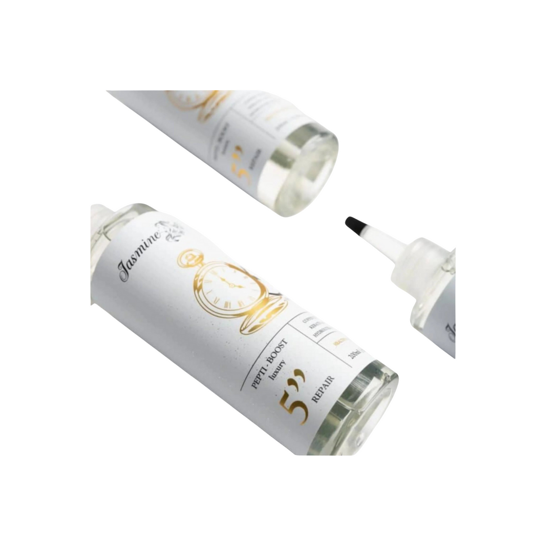 Jasmine DR 5 Sec Pepti Boost Serum three bottles lying down – concentrated peptide skincare for lifting and rejuvenation
