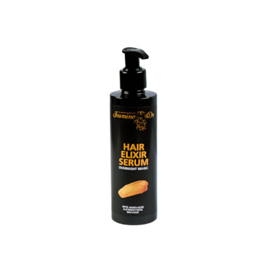 Jasmine DR Hair Elixir Serum straight front view bottle – nourishing anti frizz hair serum for smooth shiny healthy hair