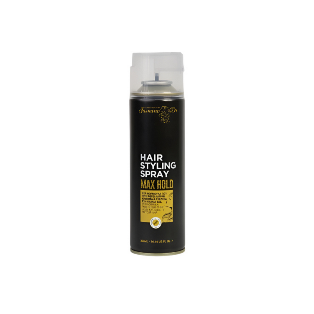 Jasmine DR Hair Styling Spray straight front view bottle – flexible hold hair styling spray for long lasting shape and shine