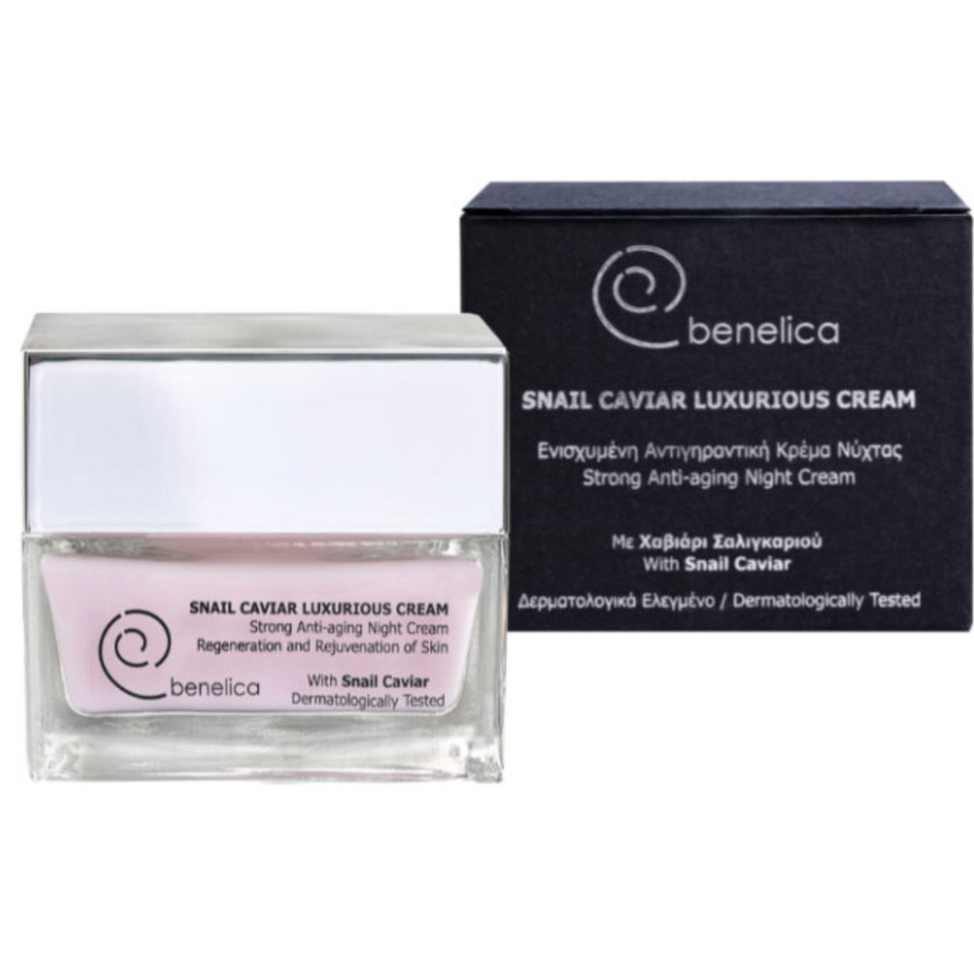 Benelica Snail Caviar Cream square jar and box front view – luxurious anti aging face cream with snail secretion and caviar extract for firm radiant skin