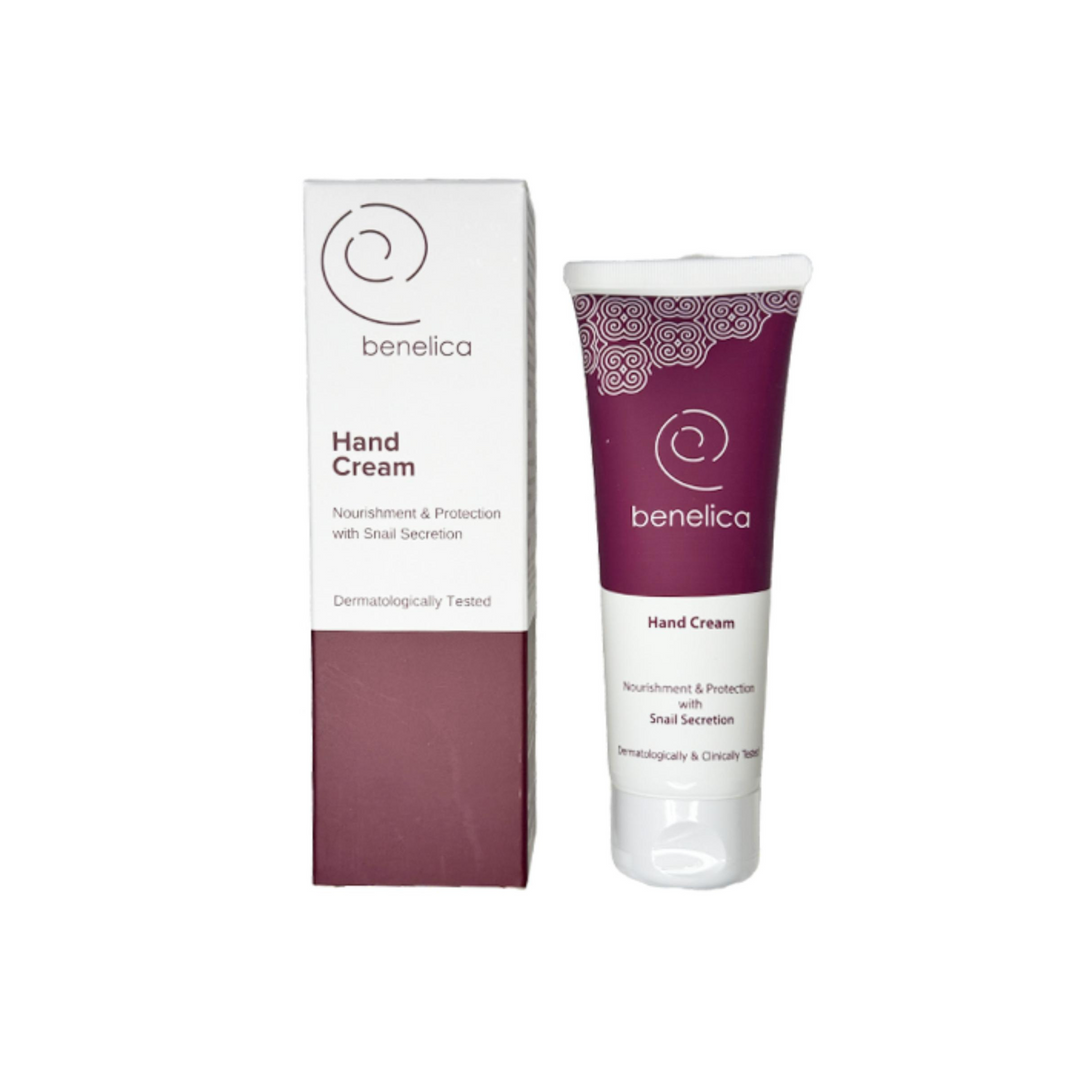 Benelica Hand Cream tube and box front view – nourishing moisturizing hand cream with snail secretion and shea butter for soft smooth hands