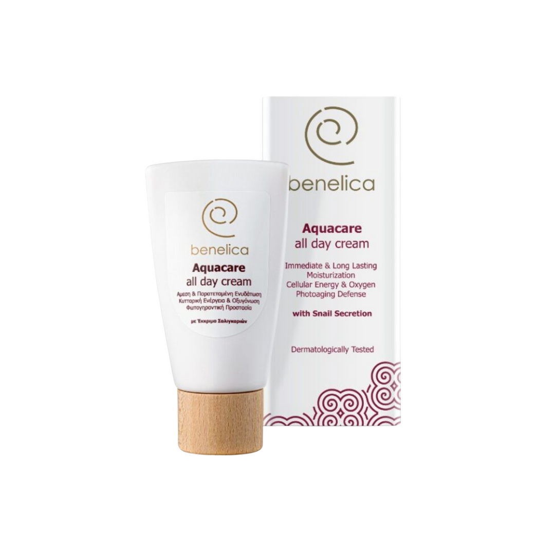 Benelica Moisturizing Cream tube and box front view – nourishing moisturizing cream with snail secretion and hyaluronic acid for smooth healthy complexion
