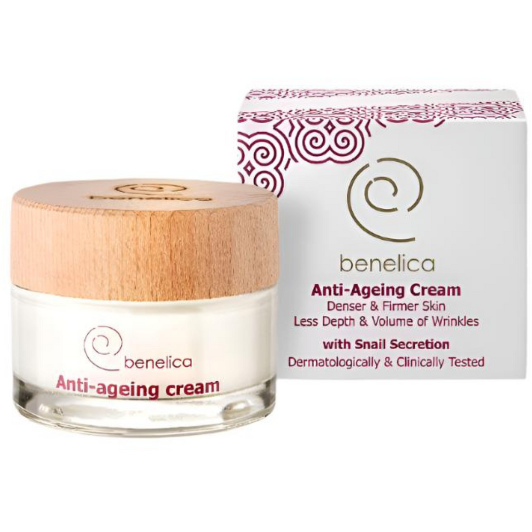 Benelica Anti-Aging Cream 50ml round jar and box front view – rejuvenating moisturizing anti wrinkle cream with snail secretion and peptides for youthful radiant skin