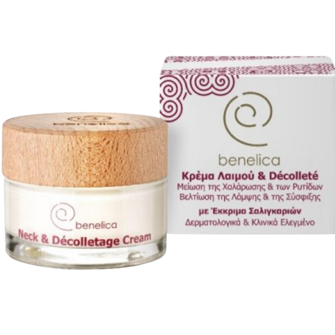 Benelica Neck and Decollete Cream round jar with wooden lid and box front view – hydrating lifting cream with snail secretion and peptides for elegant firm skin