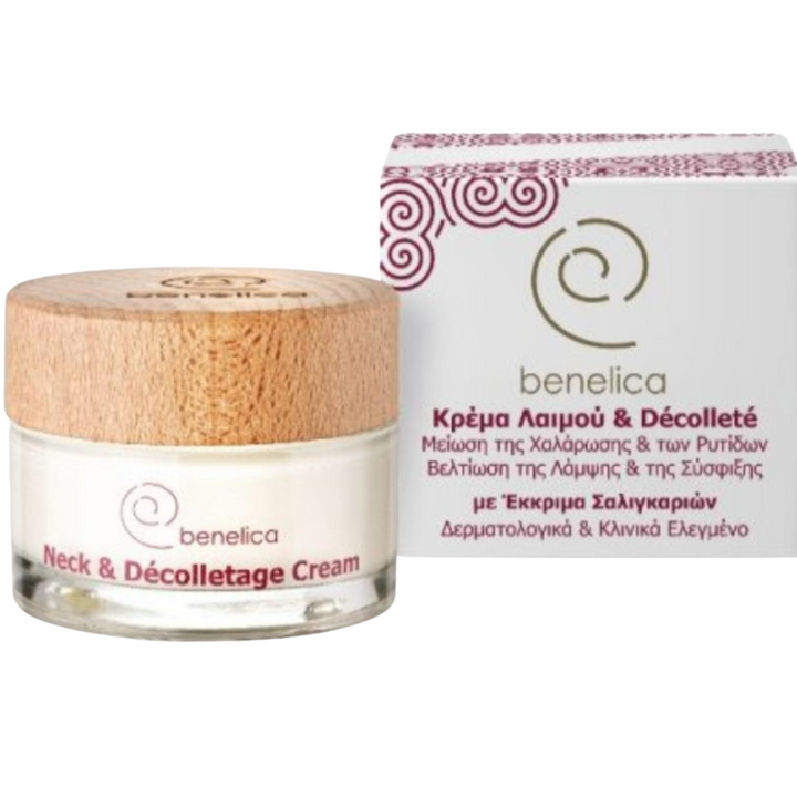 Benelica Neck and Decollete Cream round jar with wooden lid and box front view – hydrating lifting cream with snail secretion and peptides for elegant firm skin