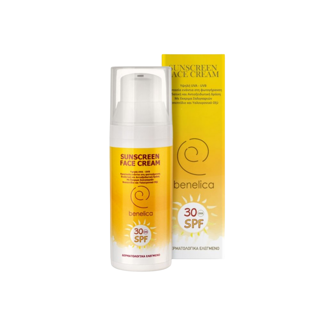 Benelica VPA Sunscreen SPF 30 tube and box front view – protective facial sunscreen with snail secretion and high UV protection for healthy skin