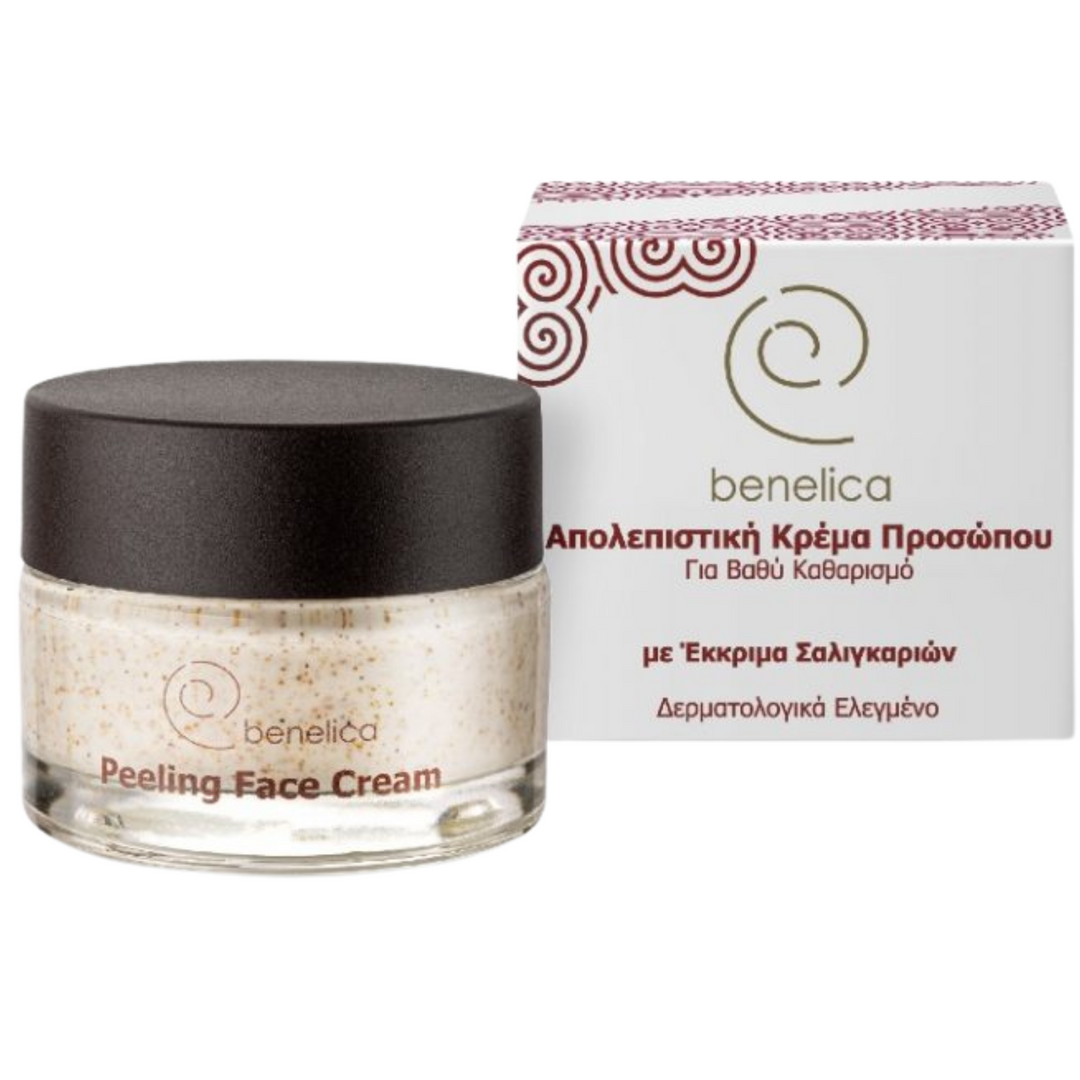 Benelica Peeling Face Cream round jar and box front view – renewing exfoliating cream with snail secretion and natural acids for bright clear complexion