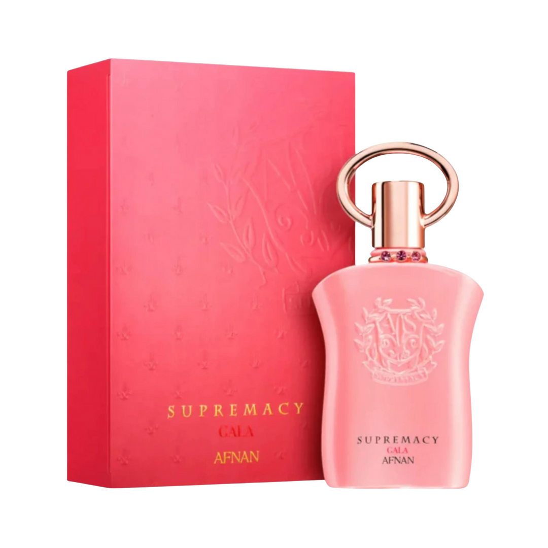 Afnan Supremacy Gala EDP 100ml perfume bottle and box slight side angle – elegant long lasting fruity floral gourmand scent with red berries pear pink pepper, jasmine rose peony, vanilla patchouli musk amber