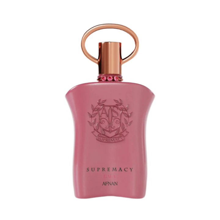 Straight front view of Afnan Supremacy Gala EDP 100ml perfume bottle – luxurious fruity floral gourmand fragrance with top notes red berries pear pink pepper, heart of jasmine rose peony, base of vanilla patchouli musk amber